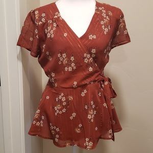 Orange Print Wrap Blouse Shirt S